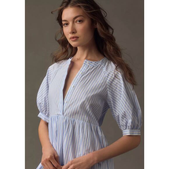 English Factory Puff-Sleeve Tiered blue stripe Midi Dress - Picture 2 of 8